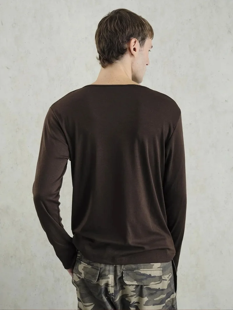 Giesto Mocha Brown GIESTO Buttoned Crew Neck Long Sleeve T-Shirt for Men | Best Price UAE